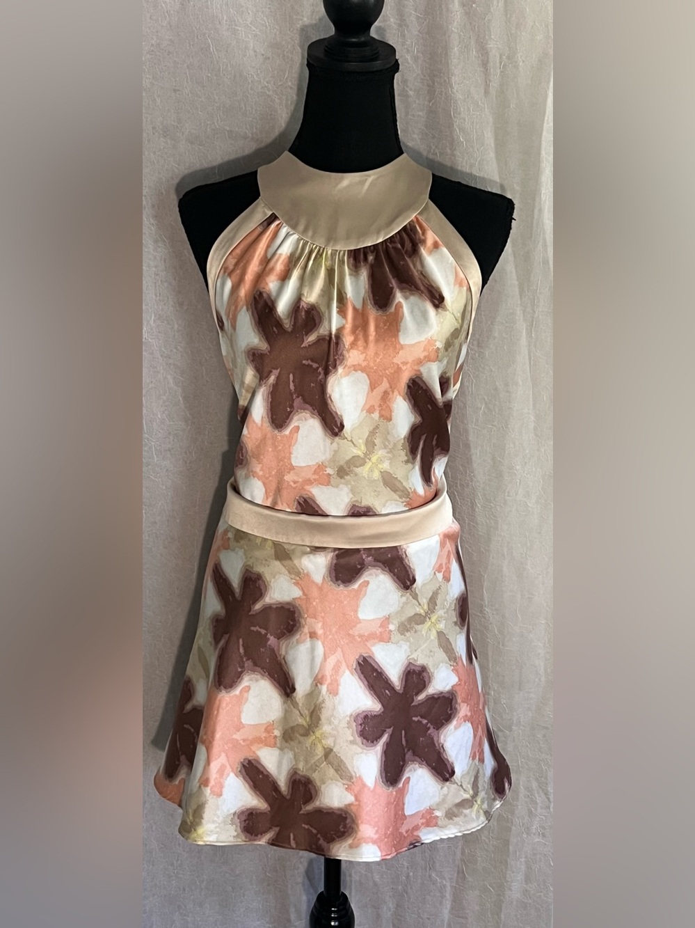 BCBG generation nautical print satin halter dress in tan & pink